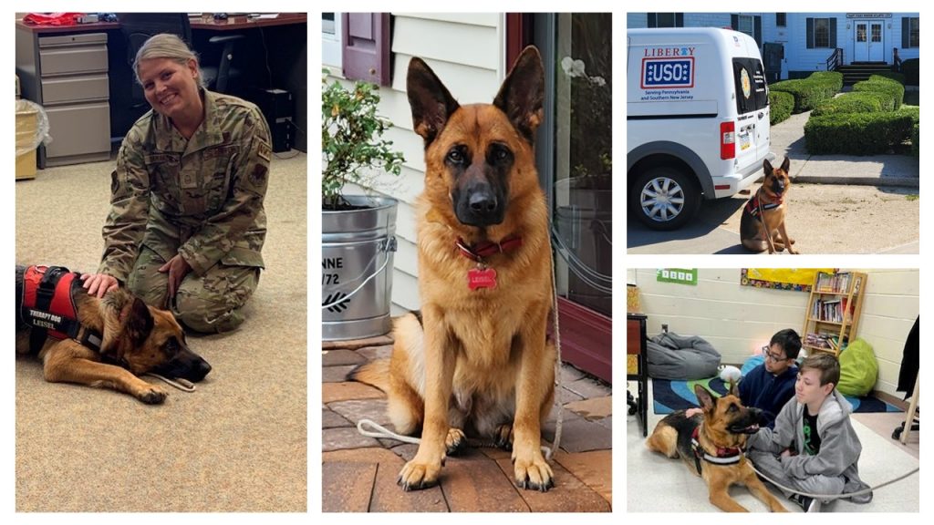 Group of 4 collaged pictures. First picture is of a woman in Army fatigues posing with German Shepherd in a training vest. Second image is German Shepherd dog in front of door with visible dog tag. Third image is German Shepherd dog in vest in front of white van. Third image is two young boys with German Shepherd dog in classroom setting.